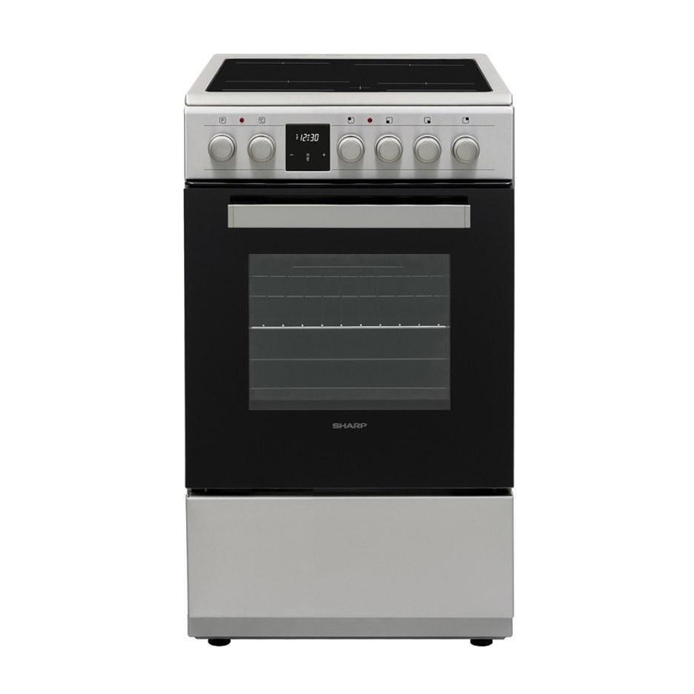 Aragaz electric Sharp KF-56FVDT22IMK-EU, Cuptor multifunctional, Plita vitroceramica 4 zone, Timer digital, 50 cm, 50 l, Clasa A, Inox