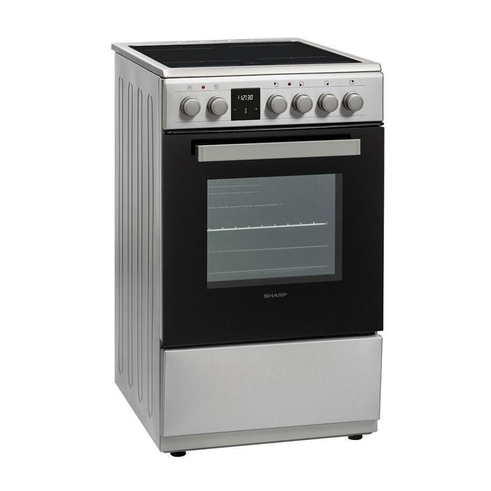 Aragaz electric Sharp KF-56FVDT22IMK-EU, Cuptor multifunctional, Plita vitroceramica 4 zone, Timer digital, 50 cm, 50 l, Clasa A, Inox