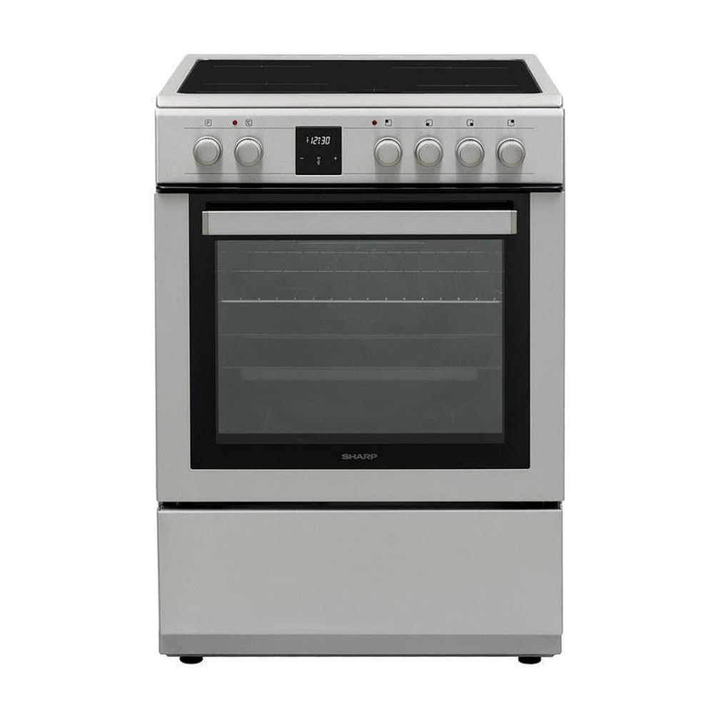 Aragaz electric Sharp KF-76FVDT22IMK-EU, Cuptor multifunctional, Plita vitroceramica 4 zone, Timer digital, 60 cm, 65 l, Clasa A, Inox