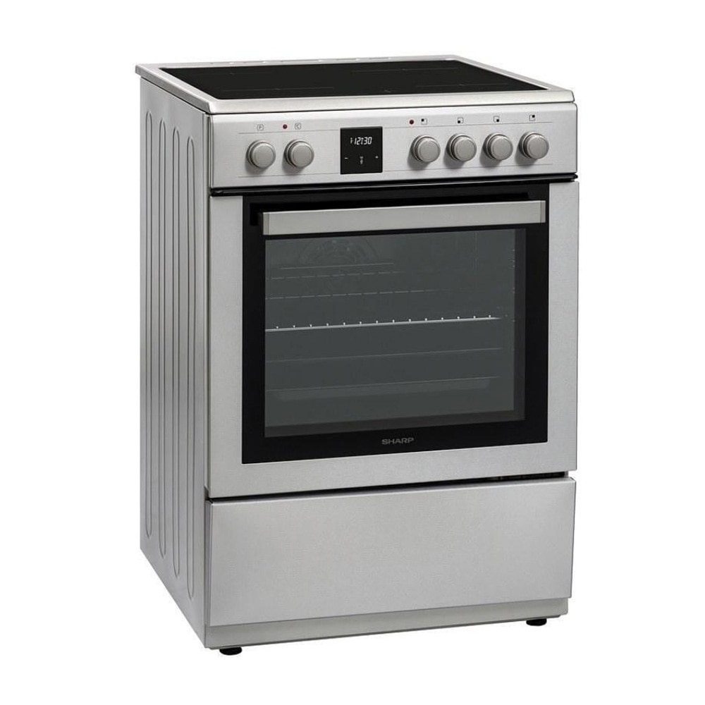 Aragaz electric Sharp KF-76FVDT22IMK-EU, Cuptor multifunctional, Plita vitroceramica 4 zone, Timer digital, 60 cm, 65 l, Clasa A, Inox