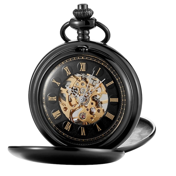 Ceas de buzunar Gorben P240 Negru - Mecanic, Afisaj cu Cifre Romane, Stil Vintage Retro