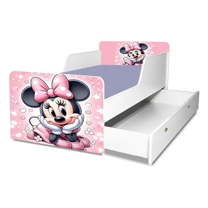 Pat Bebe Minnie 160x80 cm, cu protectie, sertar si saltea inclusa