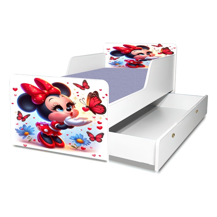 Pat Bebe Minnie, 160x80 cm, cu sertar, protectie si saltea inclusa