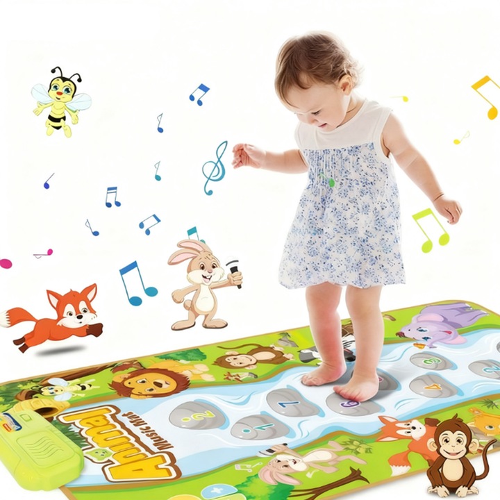 Interaktív zenélő szőnyeg gyerekeknek, puha, sokszínű, 17 dallam és hang, számbillentyű, állatok, Oktató zenei takaró gyerekeknek, 80x50 cm