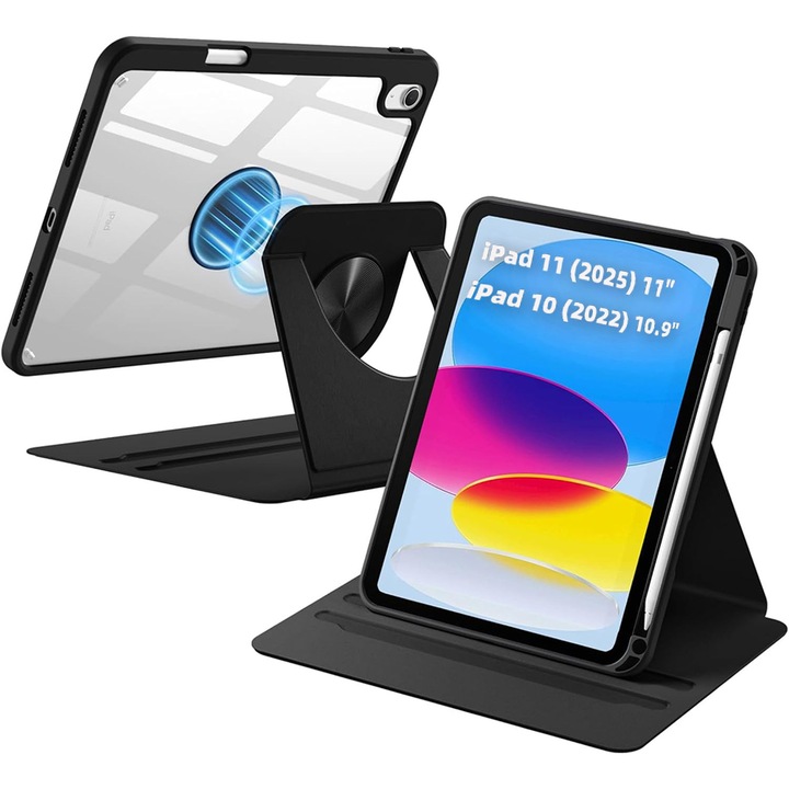 Tok 360 Smart Cover kompatibilis iPad 11 (2025) 11", iPad 10 (2022) 10.9", Levehető hátlap, Ceruzatartó Rebound, Ébresztés-Alvás, Kamera védelem, Fekete/Átlátszó