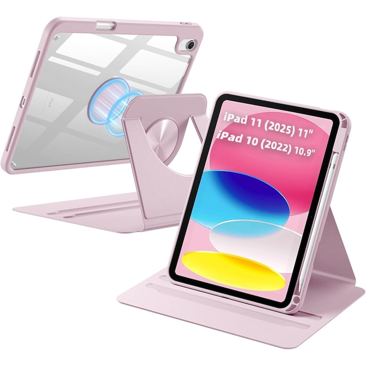 Husa 360 Smart Cover compatibila cu iPad 11 (2025) 11", iPad 10 (2022) 10.9", Spate detasabil, Pencil Slot Rebound, Wake-Sleep, Camera Protection, Roz/Transparent