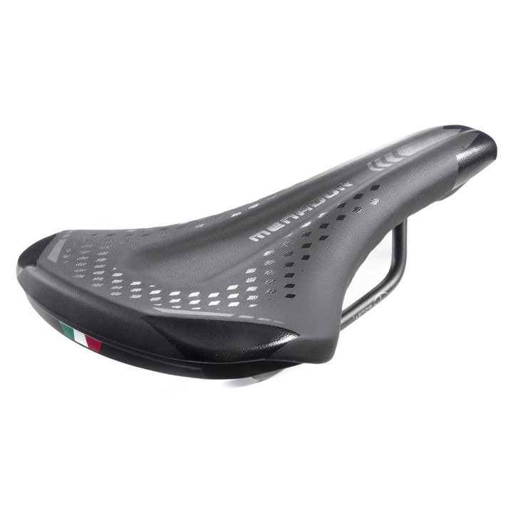 Șa de bicicletă BMG 3400 MENADOR cu spumă cu memorie, autocolant reflectorizant și lungime compactă, piele ecologică, UNISEX, culoare negru