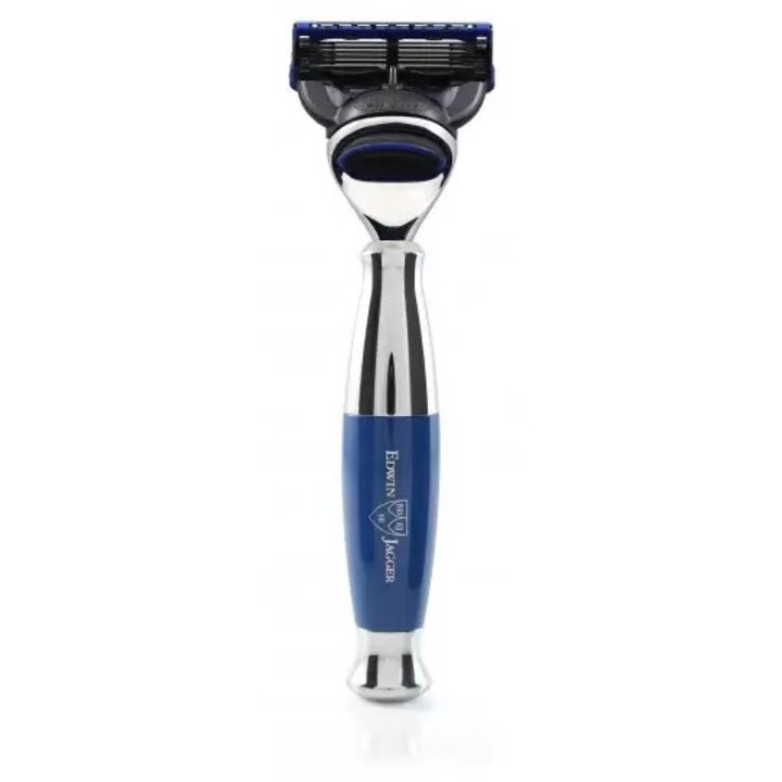 Aparat de ras Edwin Jagger Fusion, crom, mâner albastru