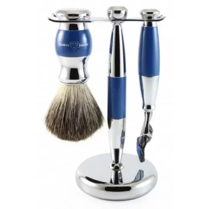 Set de bărbierit Edwin Jagger din seria 36 – aparat de ras Fusion, pămătuf și suport, albastru