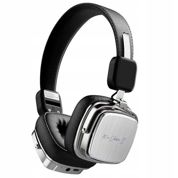 Casti wireless on-ear, Proove, 70' Classic II, Bluetooth 5.4, autonomie 10 ore, microfon incorporat, confortabile, design retro, culoare argintie, setul include: casti, cablu USB-C la USB, material: piele ecologica, diametru difuzor 40 mm, impedanta 3