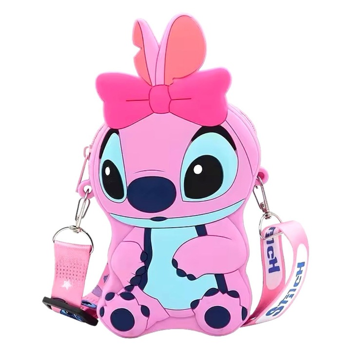 Чанта за рамо за деца, Лайло, от силикон, с панделка, розова, 12 см