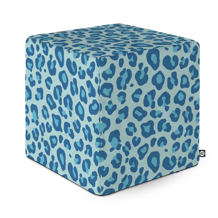 Taburet Updeco Cub L, din burete, material textil, cu husa detasabila, dimensiune 30 x 30 x 30 cm, Leopard Blue