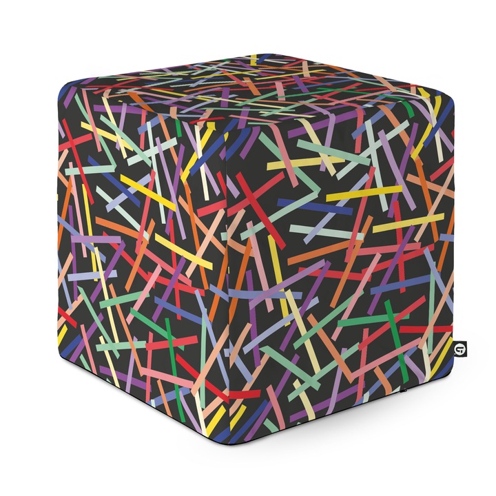 Taburet Updeco Cub L, din burete, material textil, cu husa detasabila, dimensiune 30 x 30 x 30 cm, Confetti Fundal Negru