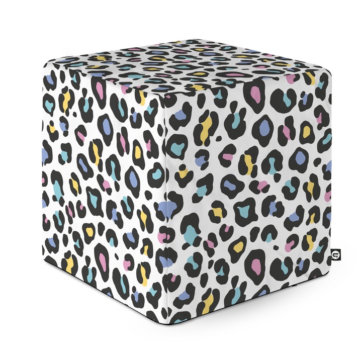Taburet Updeco Cub L, din burete, material textil, cu husa detasabila, dimensiune 30 x 30 x 30 cm, Leopard Pastel