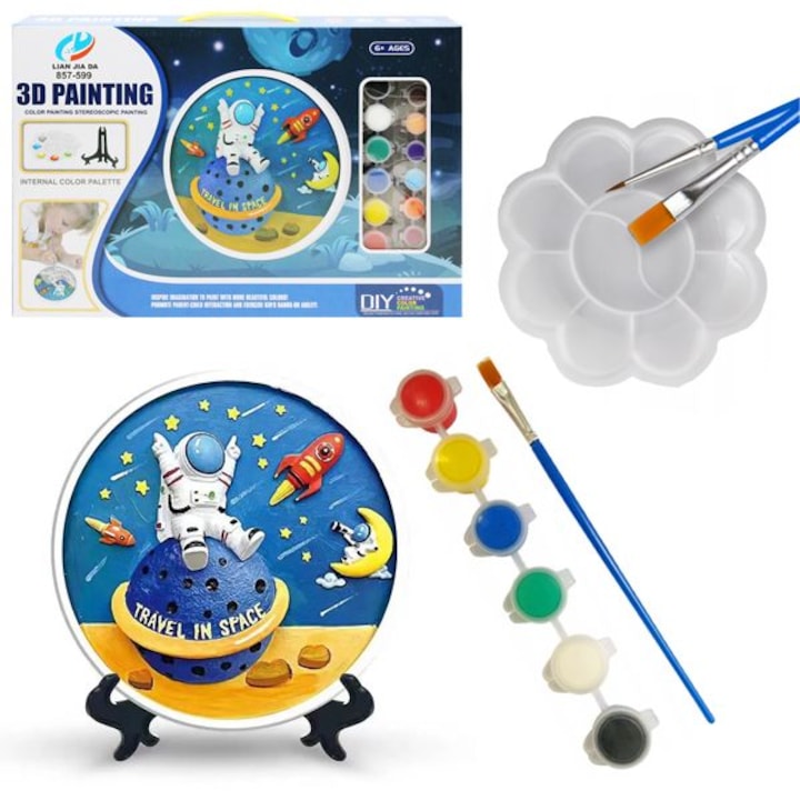Set pictura 3D pentru copii, pe ceramica, tematica spatiu, cu plansa, culori acrilice, pensule, paleta si suport, varsta 6+ ani