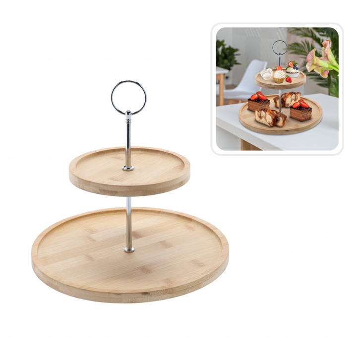 Suport de servire din bambus și metal pe două niveluri – 22 × 24 cm