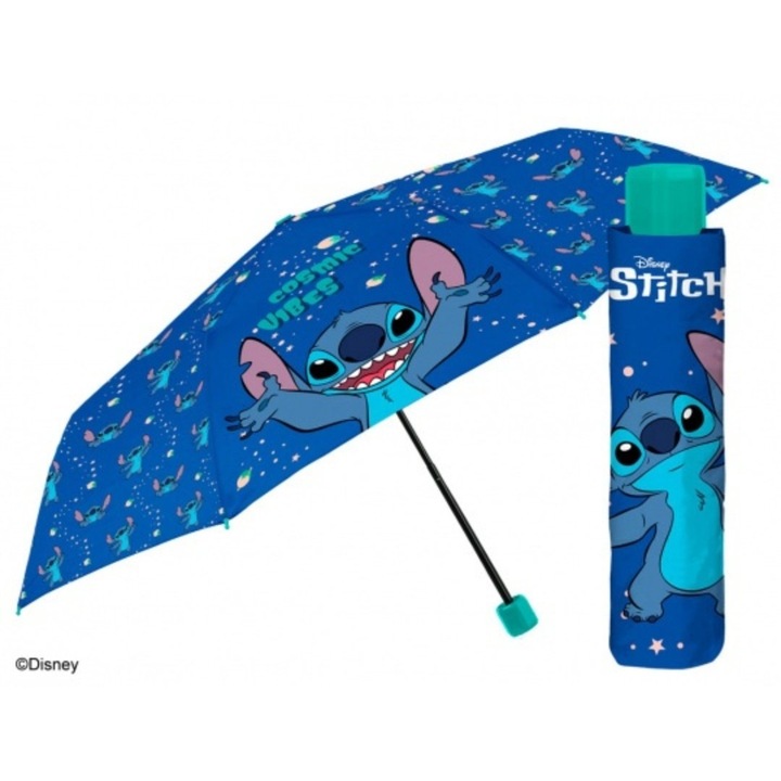 Mini umbrela manuala, Perletti, model Stitch, sistem antivant, colectia Lilo & Stitch, 50 cm