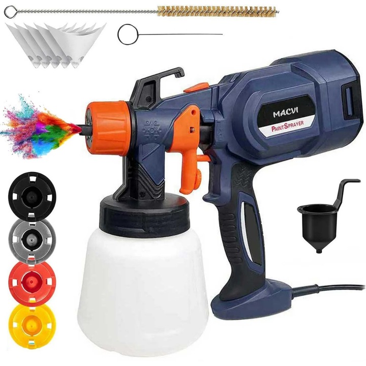 Pulverizator electric vopsea Macvi® 700W albastru vas 900 ml 3 moduri pulverizare debit reglabil 4 duze