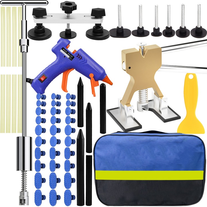 Set Scule pentru Indreptat Caroseria RETOO HandyTools, Extractor PDR, Ciocan Culisant din Aluminiu de 50 cm, Punte PDR, Ciocan PDR pentru Tabla, Pistol de Lipit la Cald, Geanta de Calatorie, 30x Adaptoare Diferite, Perfect pentru masini