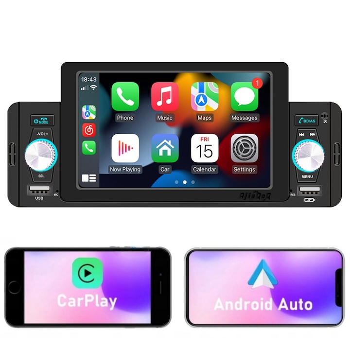 AjieQaQ Rádió MP5 lejátszó autóba, Kompatibilis Apple Carplay és Android Auto vezeték nélküli, Bluetooth 5.1, Kijelző 5 hüvelyk 4 x 60W, Képernyőtükrözés vezeték nélküli, Kihangosító, FM rádió, Több nyelvet támogat, Fekete