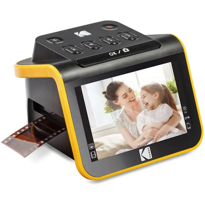 Scanner digital Kodak, Slide N Scan, 13 MP pana la 22 MP, pentru film/diapozitive, display 5” wide, digitalizeaza pozele vechi, transfer rapid prin USB-C sau HDMI, ajustare culori si luminozitate, stocare pe card SD, negru