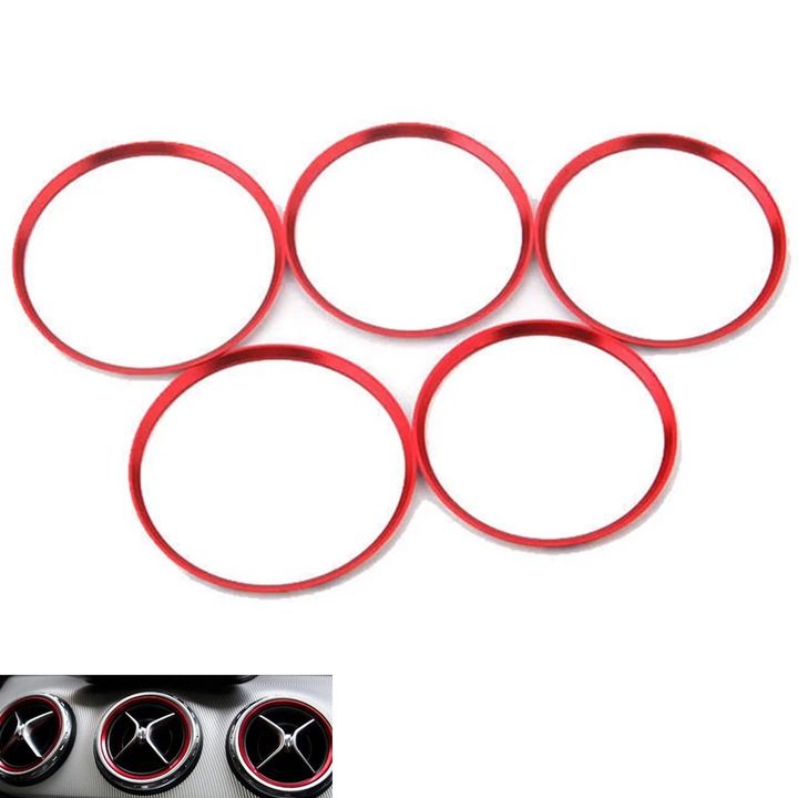 PBauto dekoratív gyűrűkészlet, szellőzőnyílásokhoz, Mercedes A B Class CLA GLA W176, alumínium, piros, 5 darab