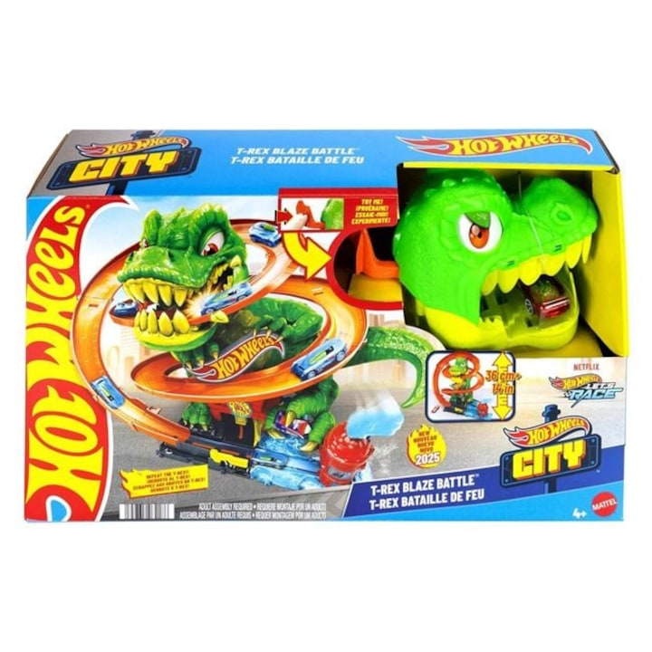 Set de Luptă Hot Wheels City T-Rex Blaze cu Mașină Die-Cast și Dinozaur Animat, 4+ Ani, Multicolor