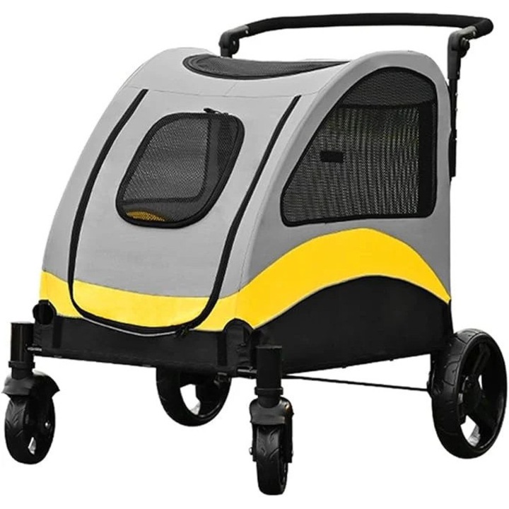Carucior pentru caini, pliabil, respirabil, 4 roti, carlig de siguranta, galben deschis cu gri