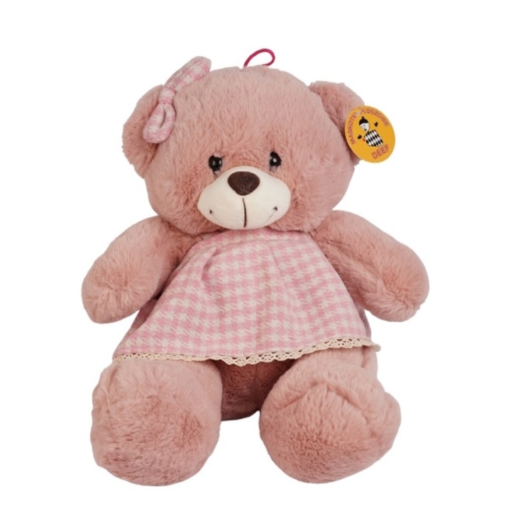 Jucarie de plus Ursulet roz in rochita cu carouri, 32 cm, mascota cu fundita, material catifelat, moale, ideal cadou fete, colectia ursuleti eleganti