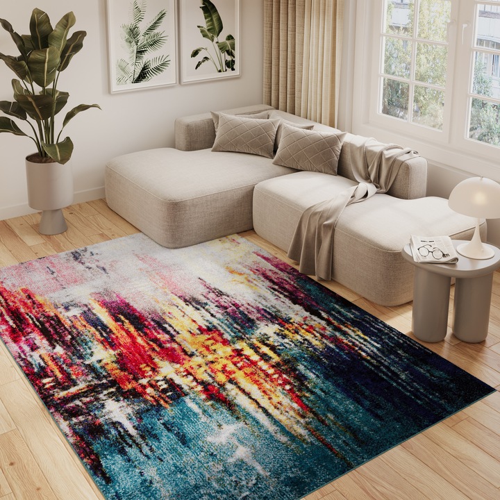 Covor, Tapiso, Salsa, 160 x 220 cm, Turcoaz Inchis/Gri, OEKO-TEX, Inaltime Fir 9 mm, Pentru Living, Dormitor, Rezistent La UV, Rezistent La Pete, Lavabil, Usor de curatat, Rezistent La Intemperii, Impermeabil, Moale La Atingere