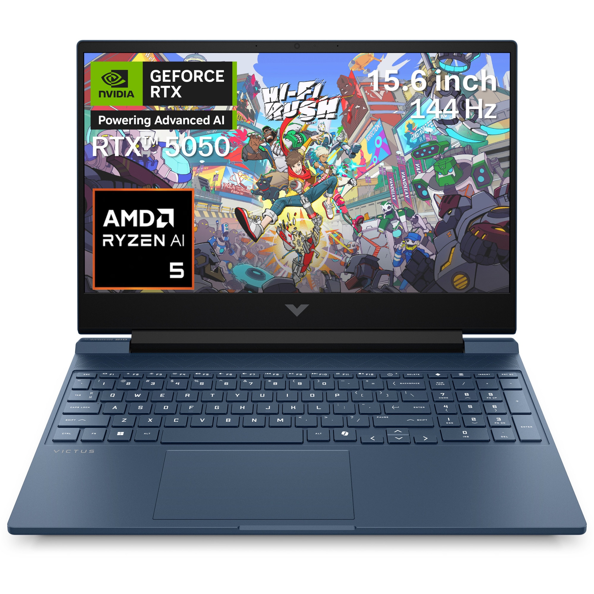 Laptop Gaming HP VICTUS 15-fb3038nn cu procesor AMD Ryzen Ryzen AI 5 340 pana la 4.8GHz, 15.6", Full HD, 24GB DDR5 RAM, 1TB SSD, NVIDIA GeForce RTX 5050 8GB GDDR7, Free DOS, Performance Blue