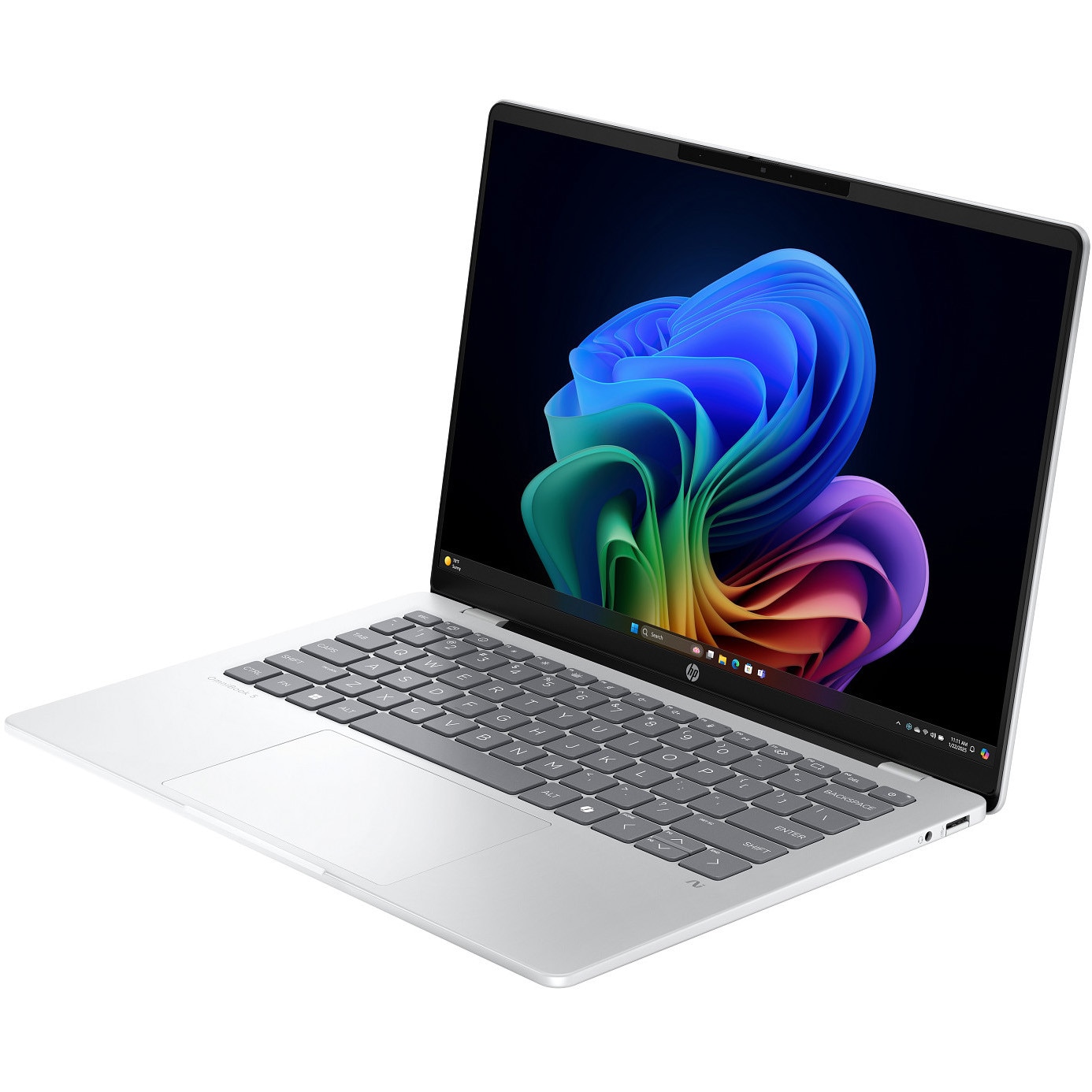 Laptop HP OmniBook 5 NG AI Quadro 25C2, cu procesor Snapdragon X X1-26-100 pana la 2.97 Ghz, 14" WUXGA OLED, 32 GB DDR5, 1TB SSD, Qualcomm® Adreno™ GPU, Windows 11 Home, Glacier Silver