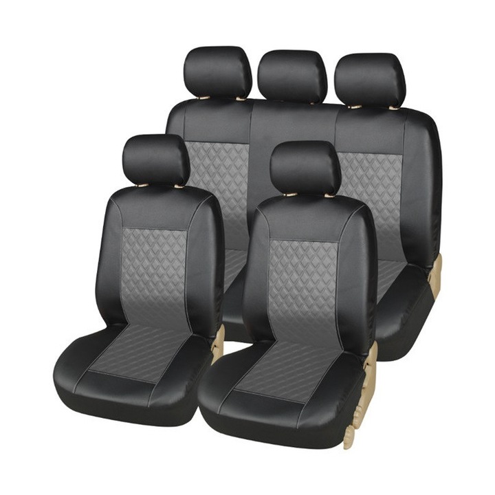 Set huse Scaune Auto Universale, Piele ecologica, Negru/Gri, 9 piese, fata-spate-, CED AUTO TRADE