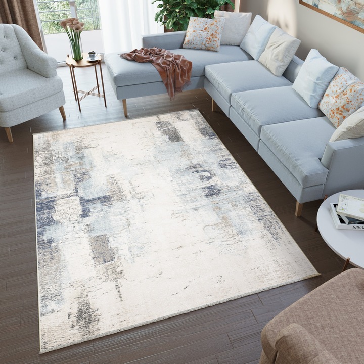 Covor, Tapiso, Rivioli, 120 x 170 cm, Crem/Albastru Deschis, OEKO-TEX, Inaltime Fir 9 mm, Pentru Living, Dormitor, Rezistent La UV, Rezistent La Pete, Lavabil, Usor de curatat, Rezistent La Intemperii, Impermeabil, Moale La Atingere