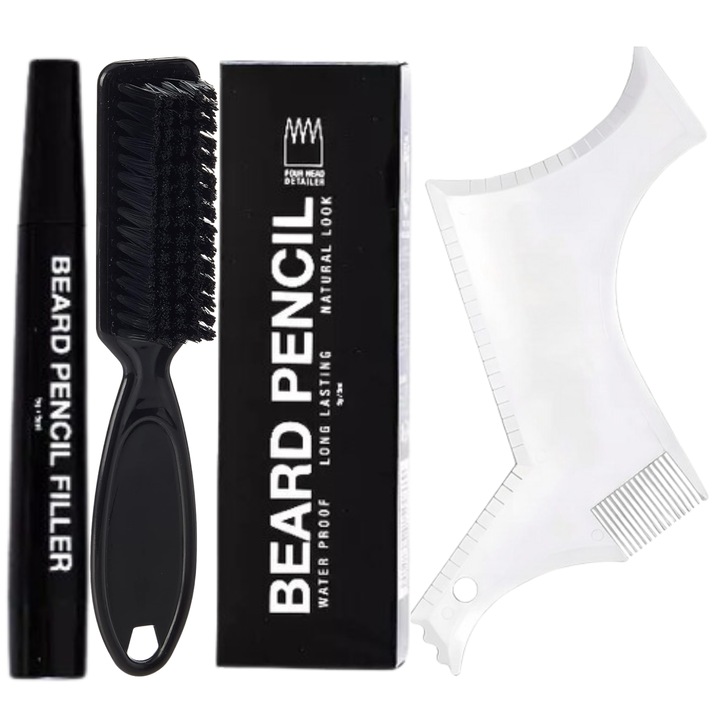Set Complet de Stilizare a Barbii si Mustatii - Creion Maro pentru Umplere, Perie de Aranjare, Sablon Transparent Pentru Barba si Mustata