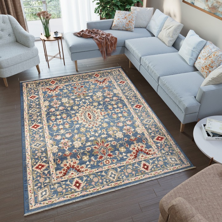 Covor, Tapiso, Rivioli, 300 x 400 cm, Albastru/Crem/Rosu, OEKO-TEX, Inaltime Fir 9 mm, Pentru Living, Dormitor, Rezistent La UV, Rezistent La Pete, Lavabil, Usor de curatat, Rezistent La Intemperii, Impermeabil, Moale La Atingere