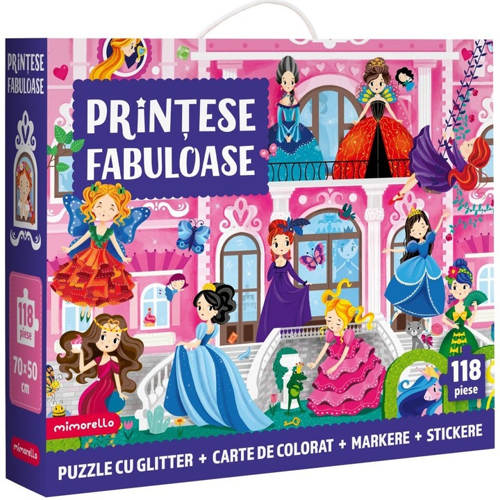 Puzzle cu glitter Mimorello - Printese Fabuloase, 118 piese, cu carte de colorat, 6 markere si stickere