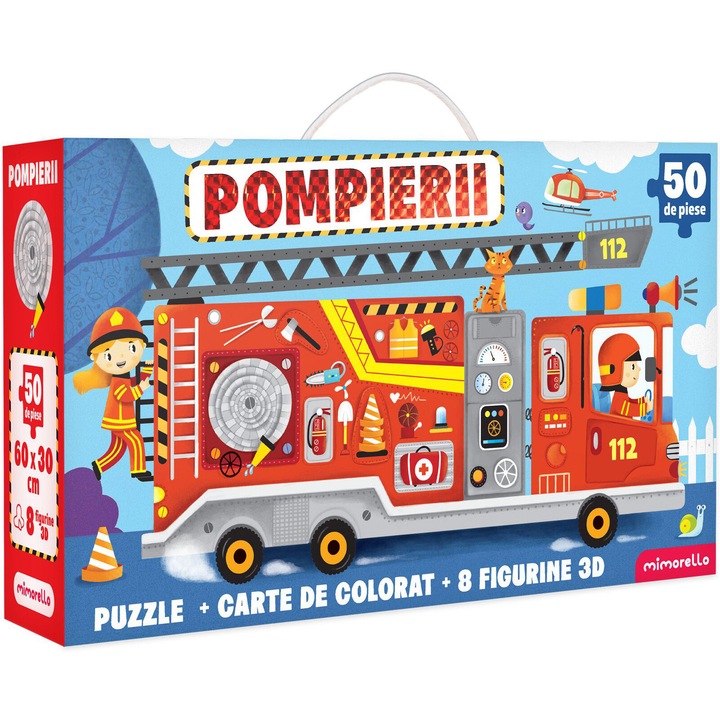Puzzle educativ Mimorello - Pompierii, 50 piese, cu carte de colorat, 8 figurine 3D