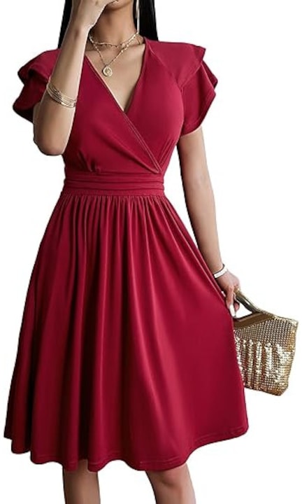 Jiraewh elegans noi midi ruha, V-nyaku, rovid ujju, magas dereku, A-vonalu szabas, piros