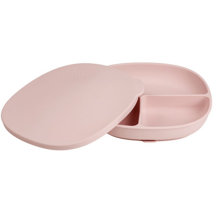Farfurie din silicon cu capac b.box, 3 compartimente, roz, 20.7x20.7x5.3cm