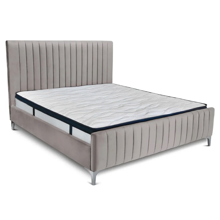 Pat tapitat Dino, 120x200 cm, cu somiera fixa si picioare inalte, Gri Deschis - Velluto