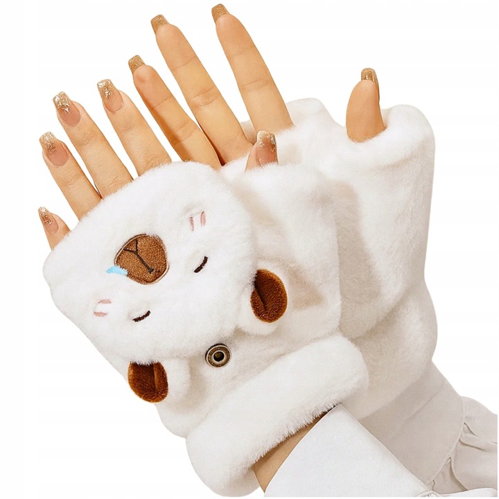 Manusi dama, MAKOIA Capybara, fara degete, albe, calduroase, cu clapeta