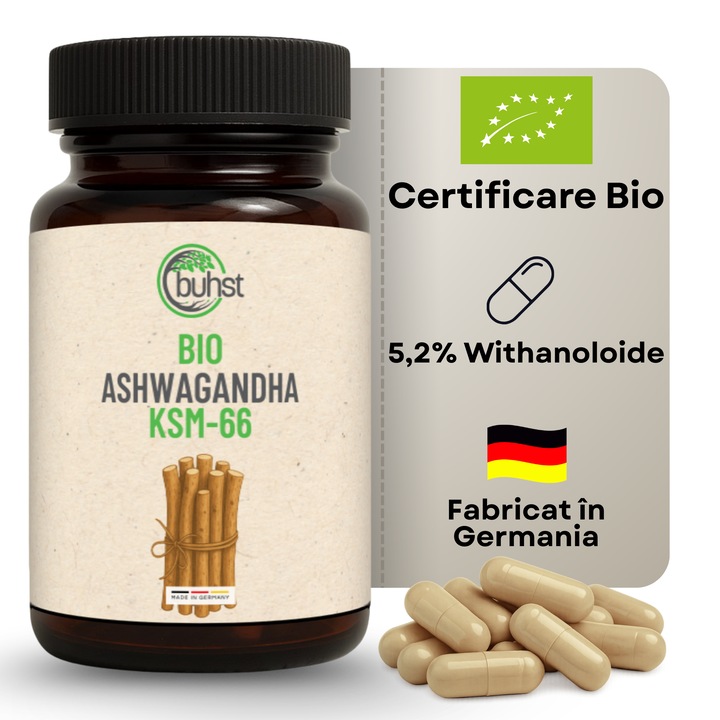 Supliment Alimentar Ashwagandha KSM-66, BUHST®, Ashwagandha Bio, 60 Capsule Vegane, Ashwagandha 600 mg, 5,2% Withanolide, Extract Standardizat din Radacina, Adaptogen Antistres, Energie, Vitalitate, Concentrare, Somn si Echilibru Hormonal