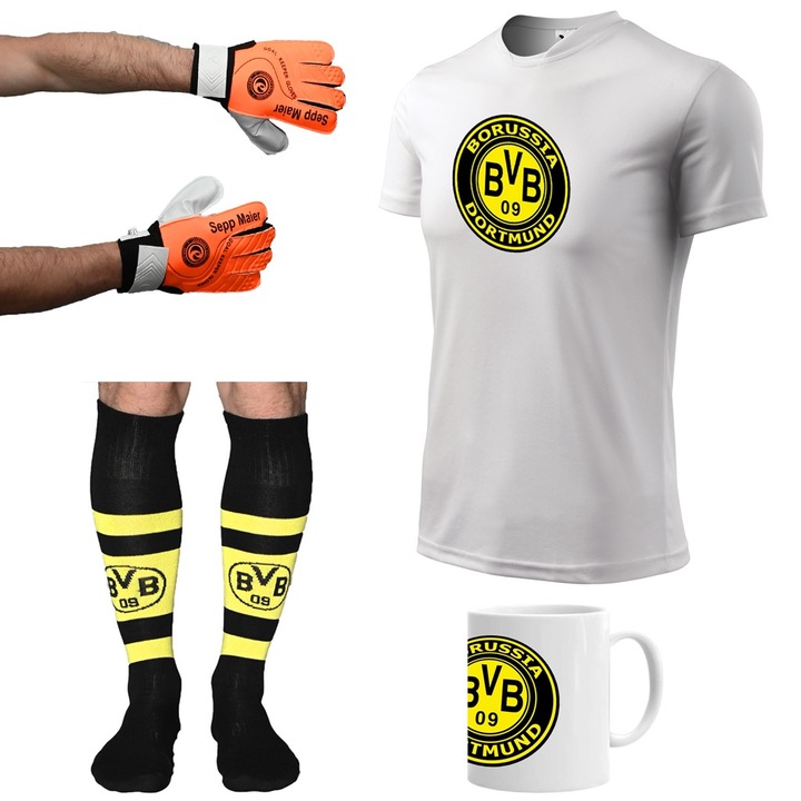 Borussia szett, mez, bögre, kesztyű, lábszárvédő, 134 cm, Fehér