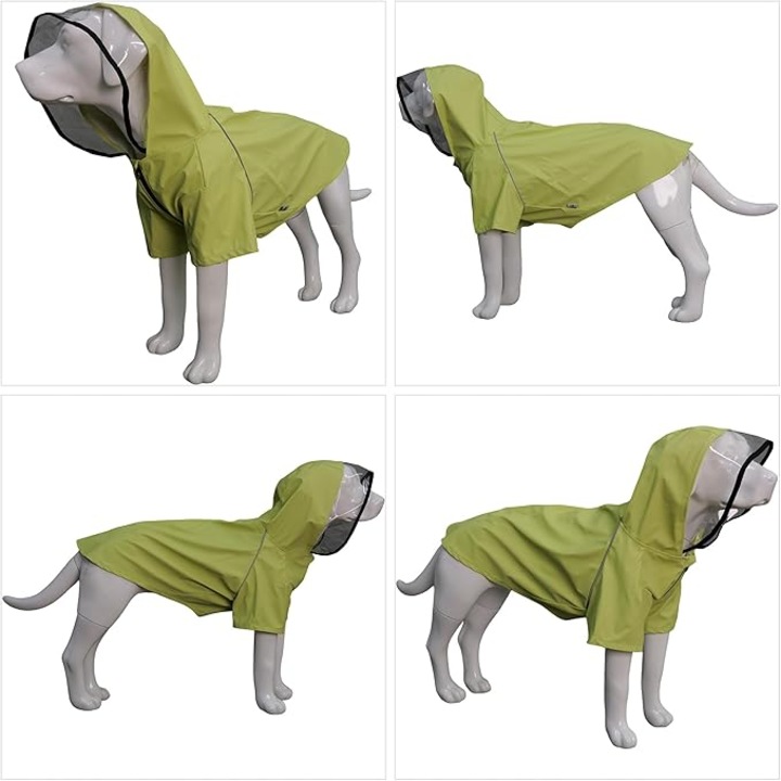 Pelerina de ploaie pentru caine S, Lovelonglong, ABS impermeabil, cu gluga transparenta si benzi reflectorizante, KAKI