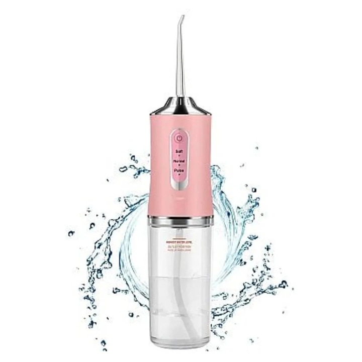 Електрически орален иригатор, безжичен електрически воден конец за зъби с 3 режима, 4 накрайника за почистване и конец, преносим, презареждаем, за сливици, пътуване, възрастни, розов цвят