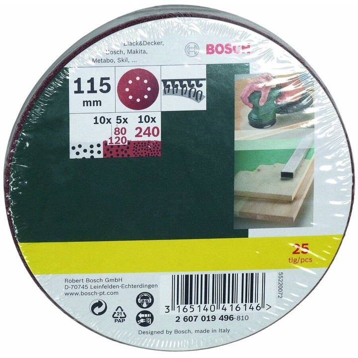 Set foi abrazive rotunde, 115 mm, granulatie mixta, 8 gauri, 25 bucati