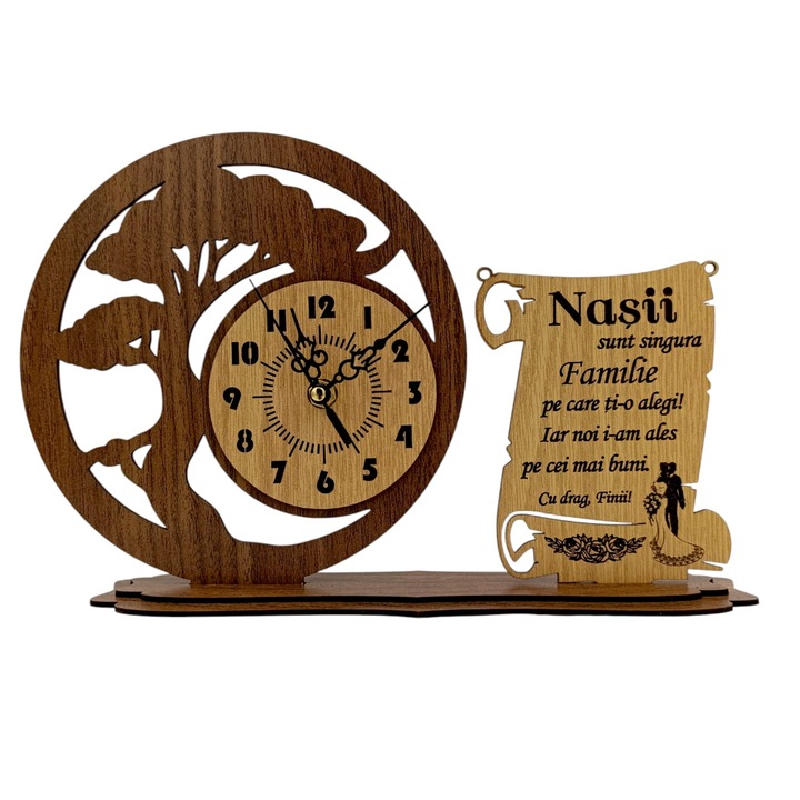Ceas decorativ Bonsai din lemn pentru Nasi "Nasii sunt singura..." - 30x20 cm, Cadou personalizat
