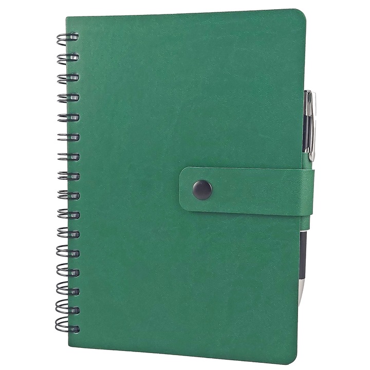 Agenda 2026, format A5, 15 x 21 cm, 336 pagini, cu coperta flexibila, din piele ecologica premium de culoare verde, inchidere cu clapa, legata cu spira, cu pix si buzunar interior