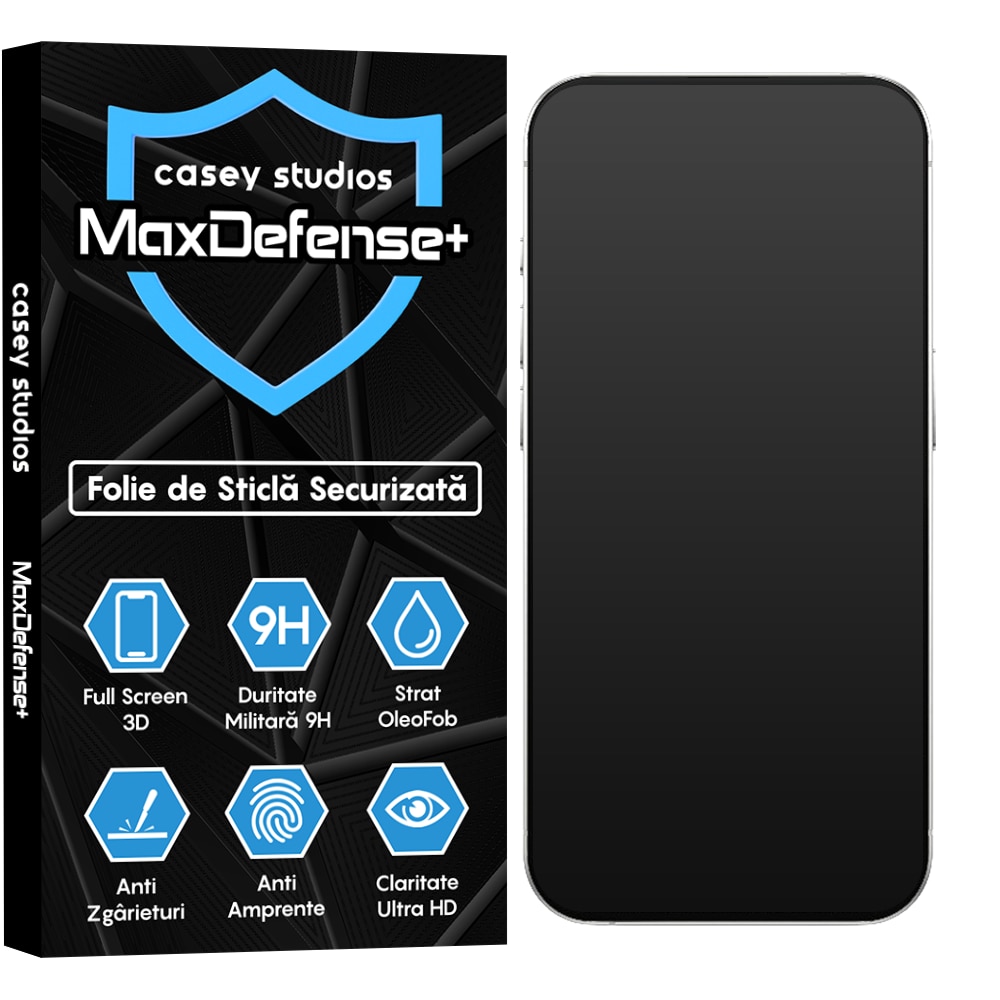 Folie Sticla Mata CASEY STUDIOS™ compatibila cu iPhone 15 Pro, MaxDefense+ Matte, Full Cover 3D, Full Glue, Duritate Militara, Ultra HD, Protectie Profesionala Ecran 3D, Anti Zgarieturi, Anti Socuri, Negru, Sticla Securizata